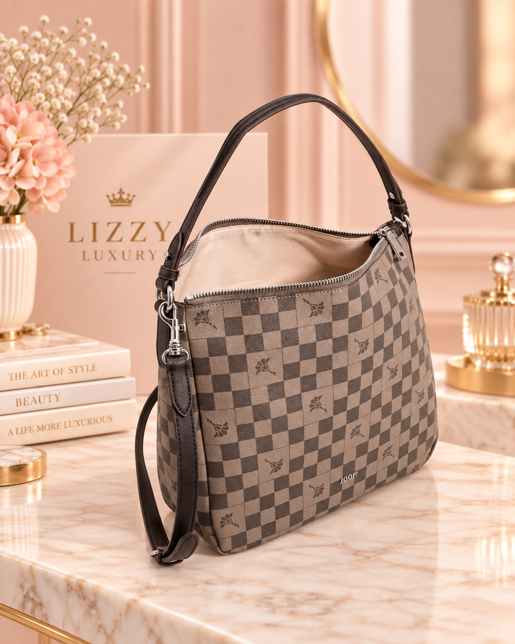 JOOP! Flora Piazza Athina Hobo Bag – Taupe/Brown Check