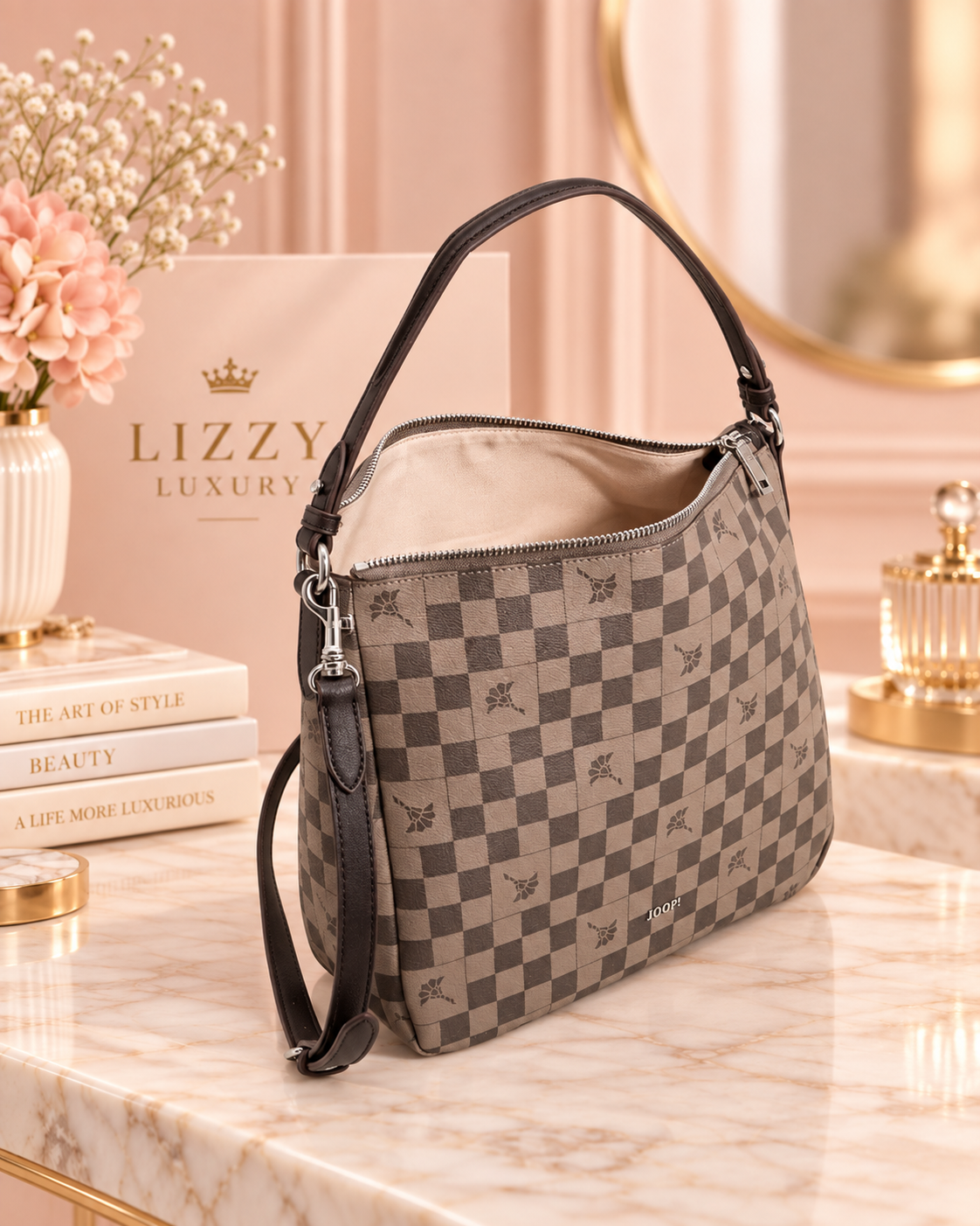 JOOP! Flora Piazza Athina Hobo Bag – Taupe/Brown Check