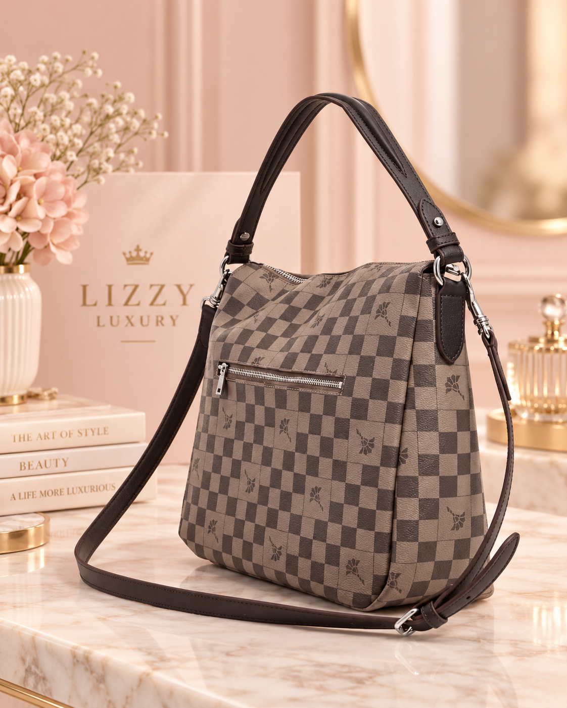 JOOP! Flora Piazza Athina Hobo Bag – Taupe/Brown Check